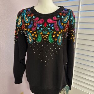 Vintage Christina Black Crewneck Sweater with Multicolor Gem Embellishments